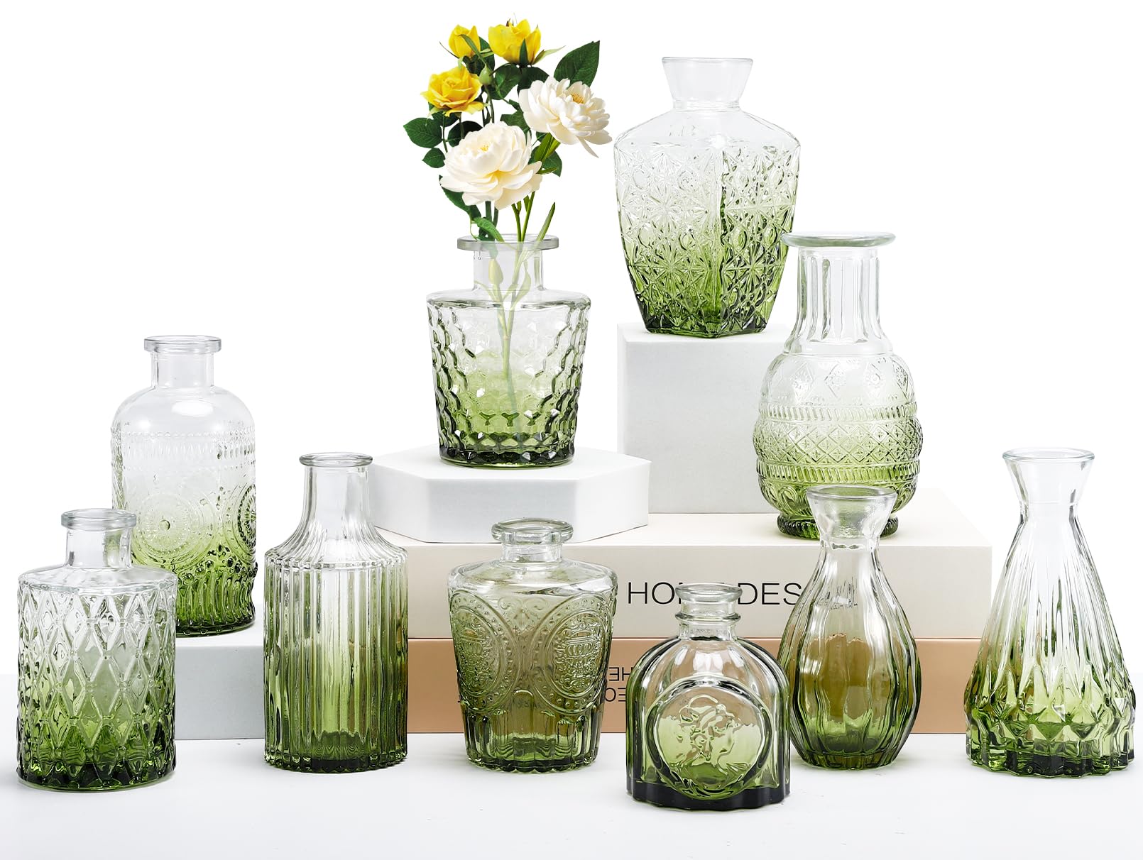 HASTHIP® Set of 10Pcs Retro Embossing Glass Vase Transparent Green Gradient Vase for Flower Arrangement, Desk Decorative Fresh Flowers Dry Flower for Home Office, Housewarming Gift Vases