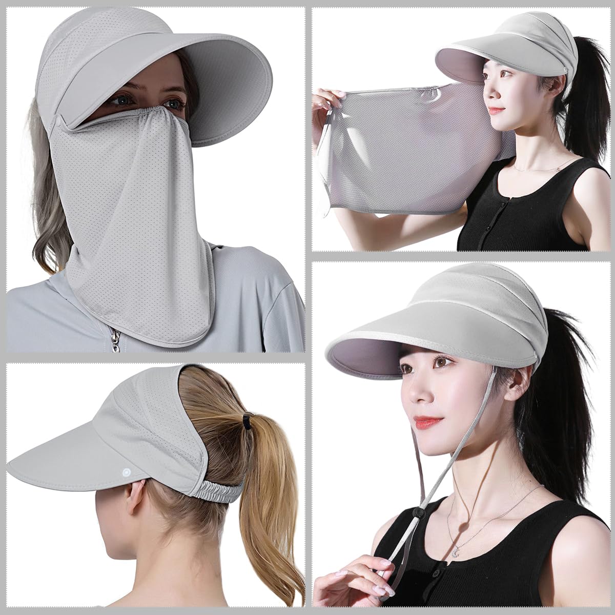 PALAY Sun Hat for Women with Detachable Face Cover and Wide Brim | 2PCS Grey Outdoor Visor