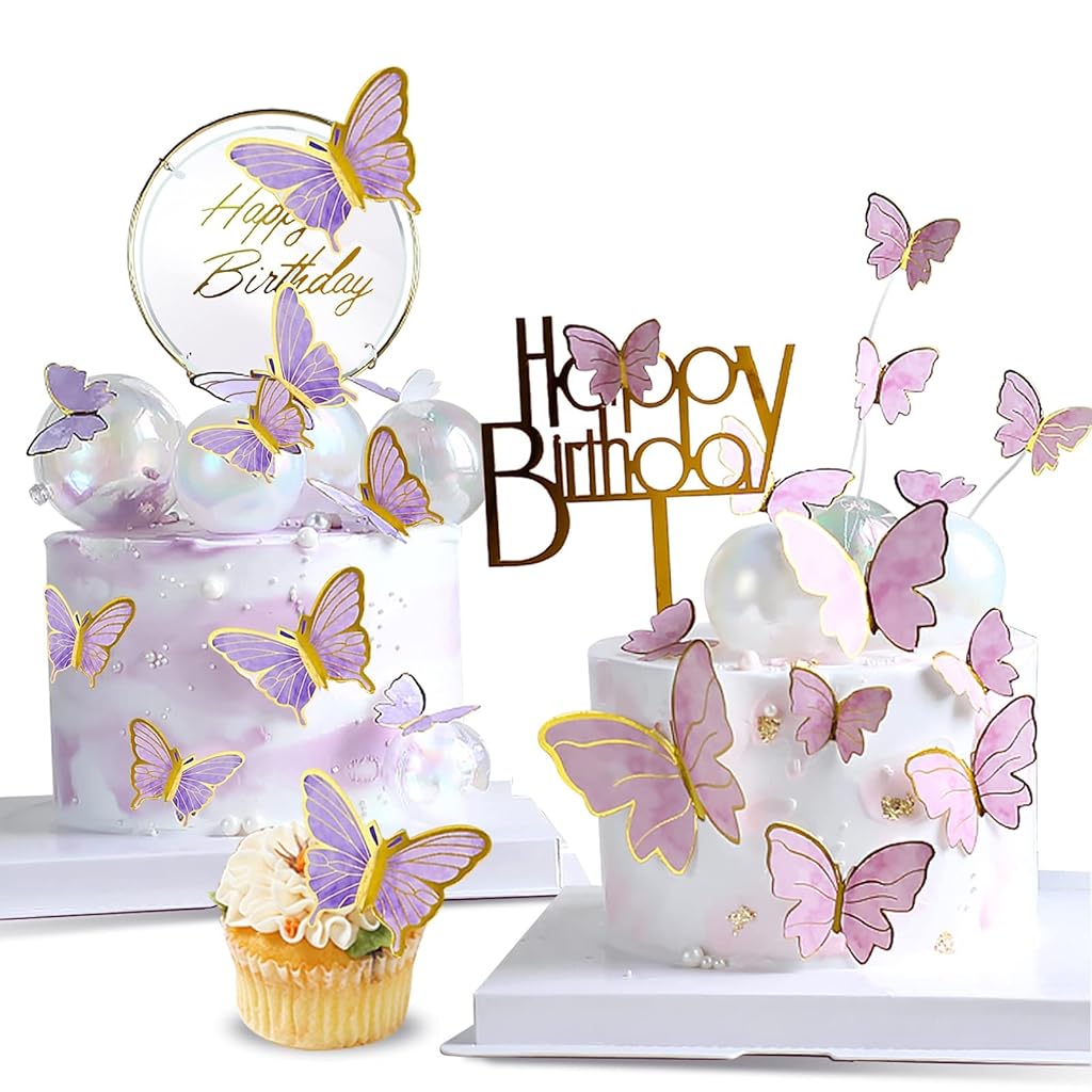HASTHIP® 60PCS Butterfly Cake Toppers for Decoration Cute Items Happy Birthday Topper with 1 Acrylic 1 Iron