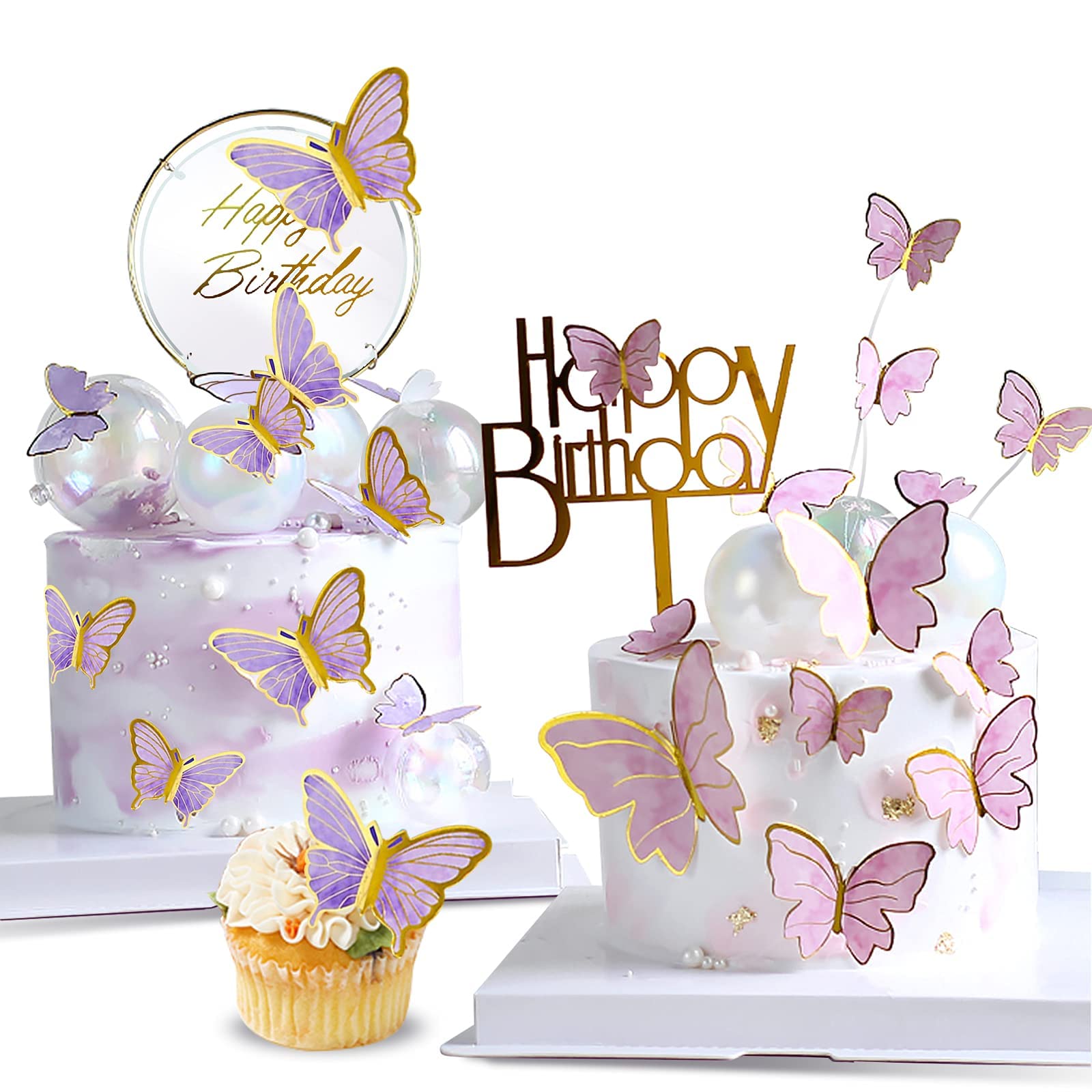 HASTHIP  22 pcs Cute Butterfly Cake Decorations,2 Cakes Decorate for Girl with 1 Happy Birthday Acrylic & 20 Butterflies & 1 Iron Circle in 1st to 25th Birthday Party(Purple & Pink)