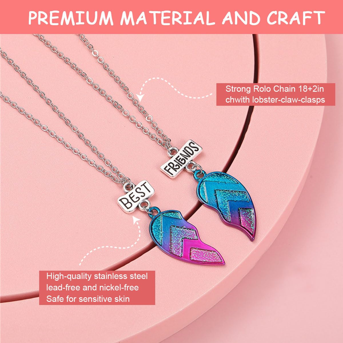 Venzina Best Friends Necklace for Girls and Women featuring Magnetic Half Heart Pendants | 16.5+2 in Alloy Chain Set