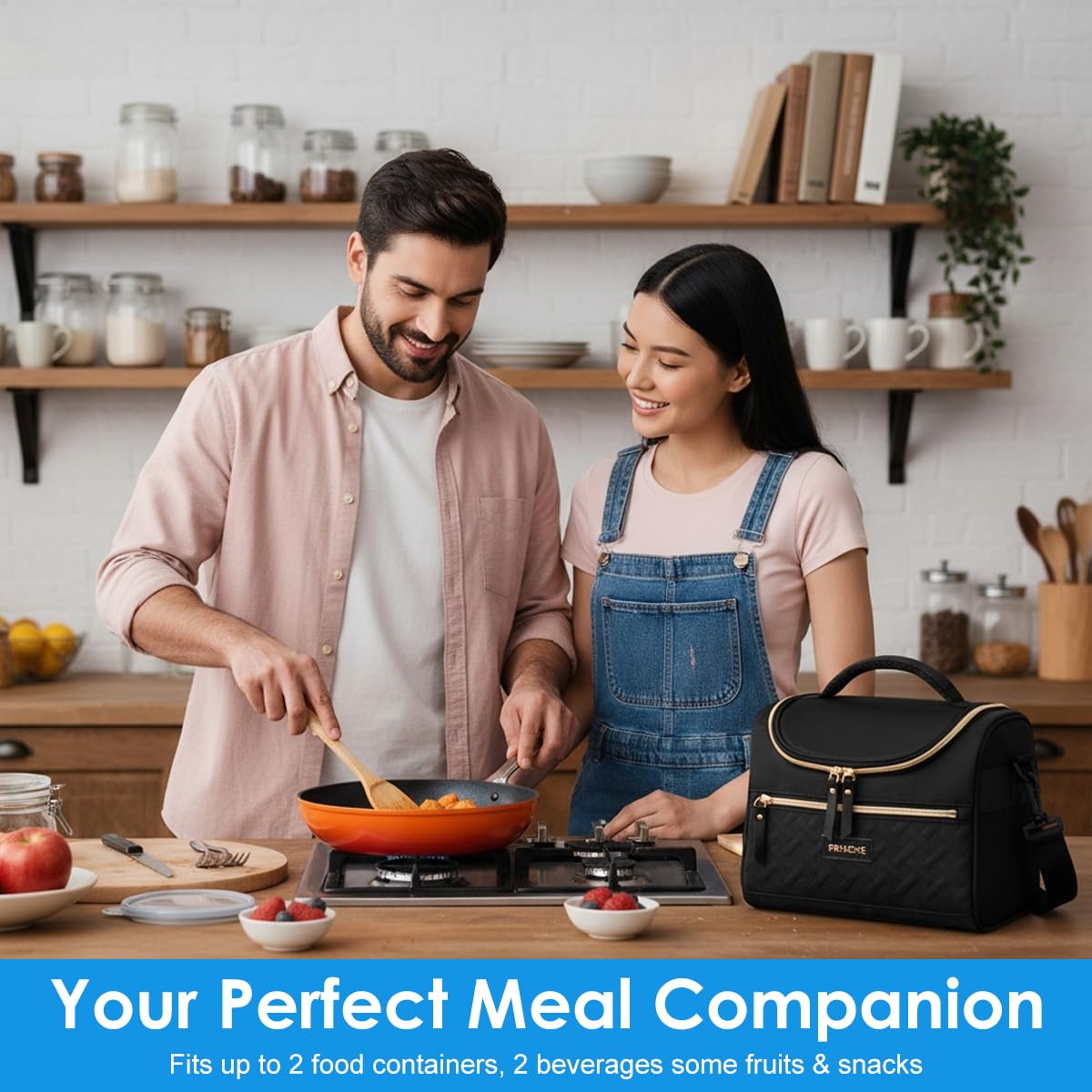 HASTHIP Lunch Bag for Office School and Picnic with Waterproof Insulated Design | Quilted Black Tote Featuring Handle and Shoulder Strap