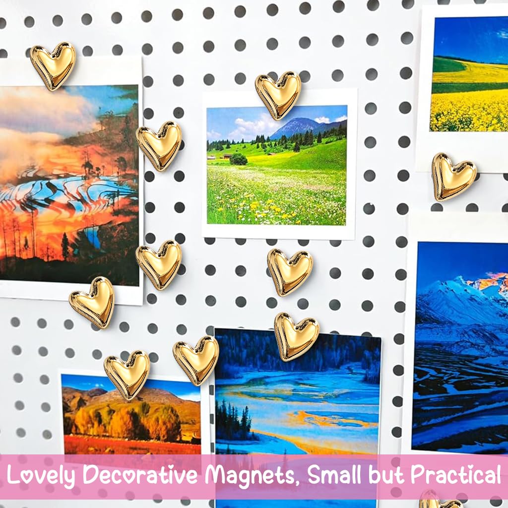 HASTHIP Refrigerator Magnets for Home and Office with 12 Heart Shapes 0.7 in Resin Gold Finish | Strong Decorative Holders for Notes and Photos