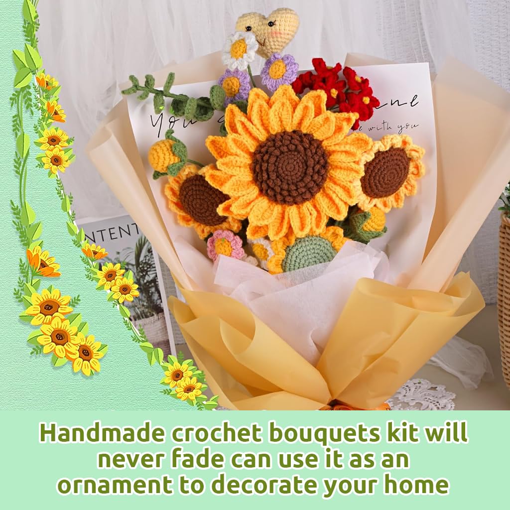 PATPAT DIY Crochet Kit for Sunflower Bouquet with Yarn Hooks and Tutorial | Home Decor Gift Set