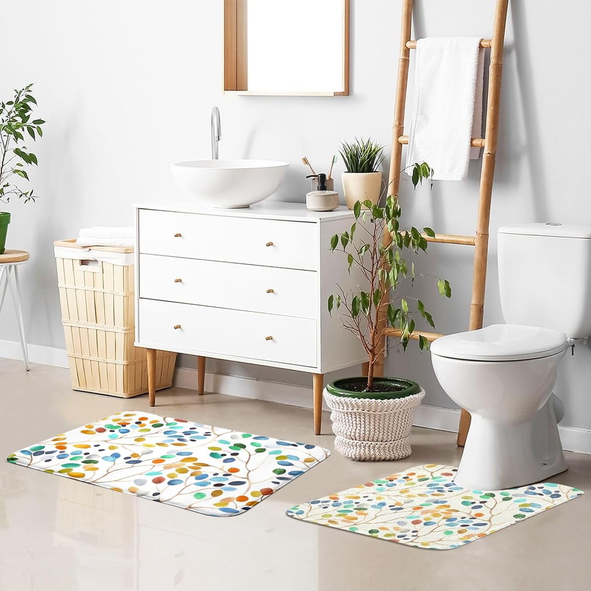 HASTHIP Boho Leaf Bathroom Set for Modern Indian Homes featuring Waterproof Curtain | 3-Piece Combo with Toilet Cover and Absorbent Mat