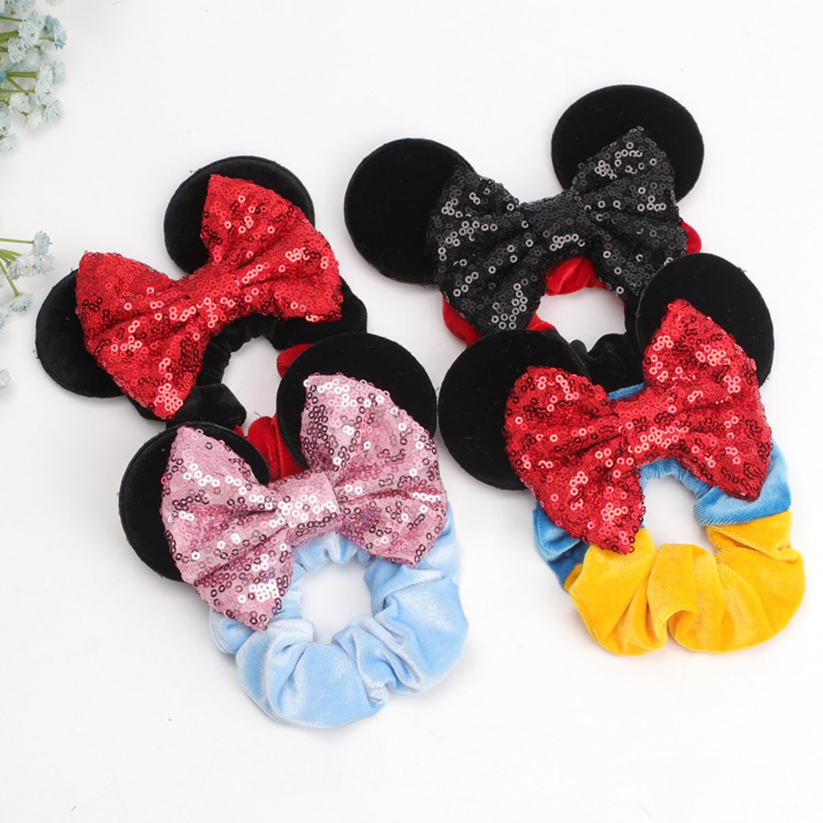 PALAY Girls Scrunchies for Ponytails with Sequin Bow and Mickey Ears 4pcs | Soft Flannelette Elastic Hair Ties