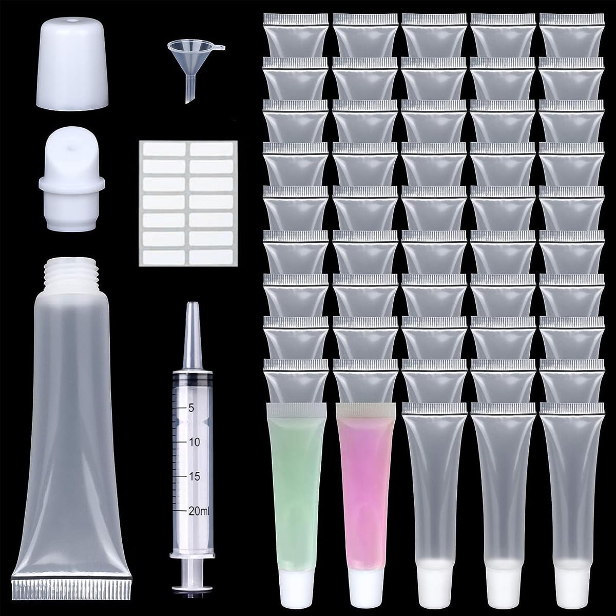 MAYCREATE® 50pcs Clear Lip Gloss Tubes Set, 10ml Empty Lip Balm Containers with Caps, Syringes & Labels Kit, Plastic Soft Squeeze Tubes for DIY Cosmetic Sample Pigment Powder (Sample Not Included)