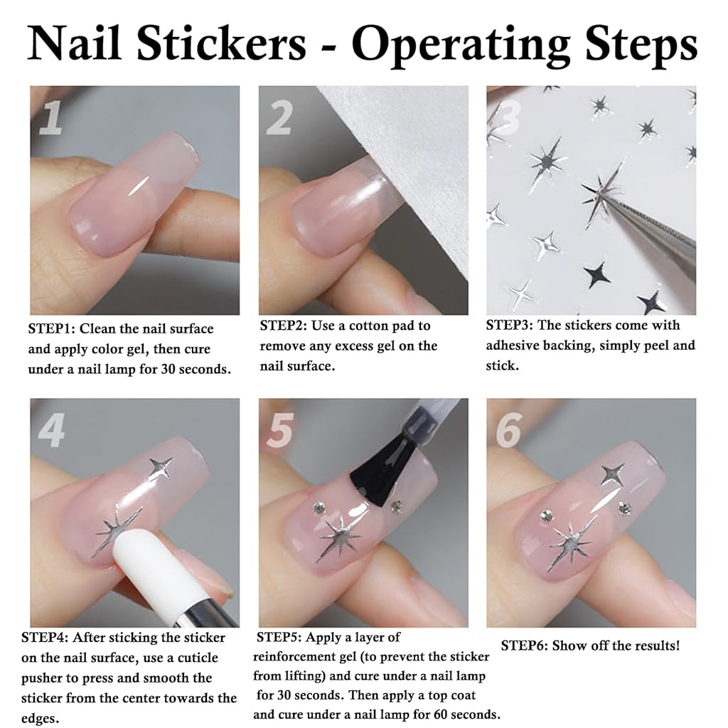 MAYCREATE® 6 Sheet DIY Nail Decal Stickers Y2K Sweet Chic Metallic Touch Silver Star Heart Nail Art Decals, Self Adhesive Nail Art Decals Decorative French Nail Decals
