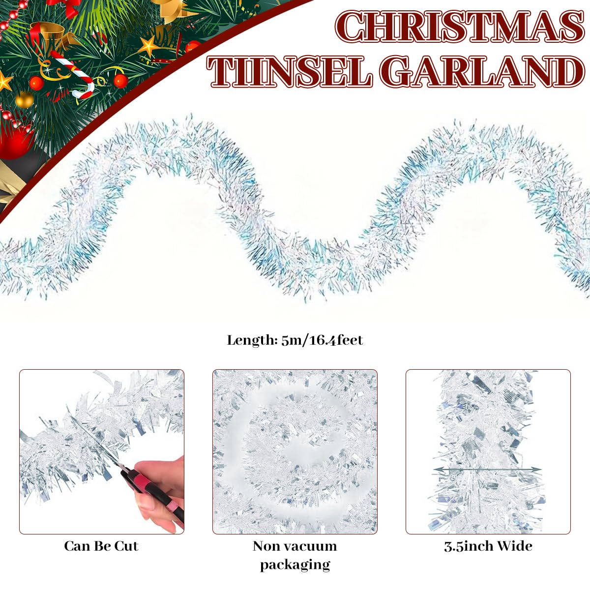 HASTHIP Christmas Tinsel Garland for Holiday Decor with 16.4ft Metallic Shine White