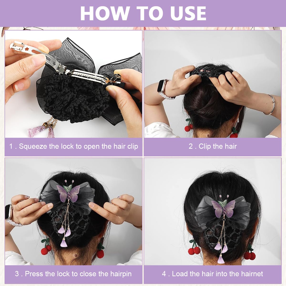 MAYCREATE Hair Net Barrette with Butterfly Lace Bowknot for Women and Girls | Nylon Bun Snood Clip for Work or Dance