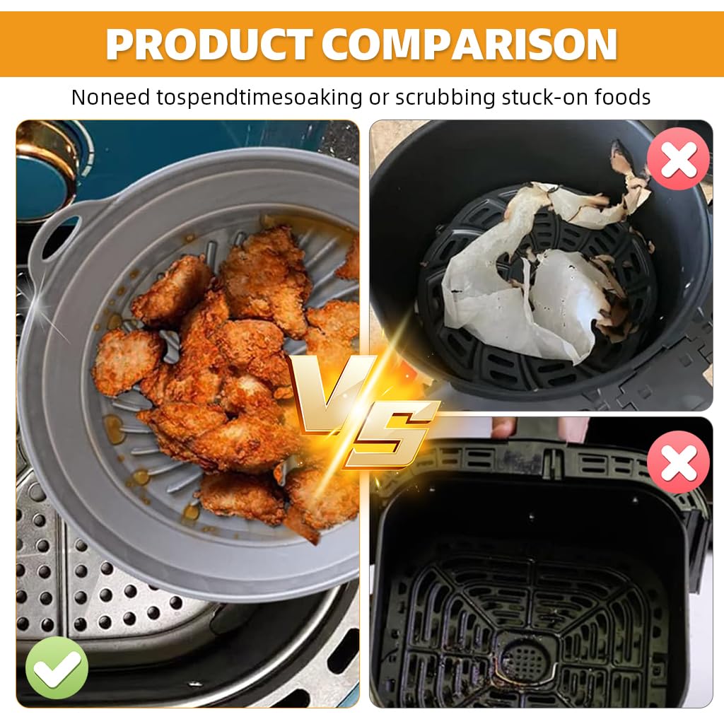 Supvox Air Fryer Silicone Pot 7.9 in for 3.6 4.2 6.8 QT Fryers with Handles and Grooved Base | Grey