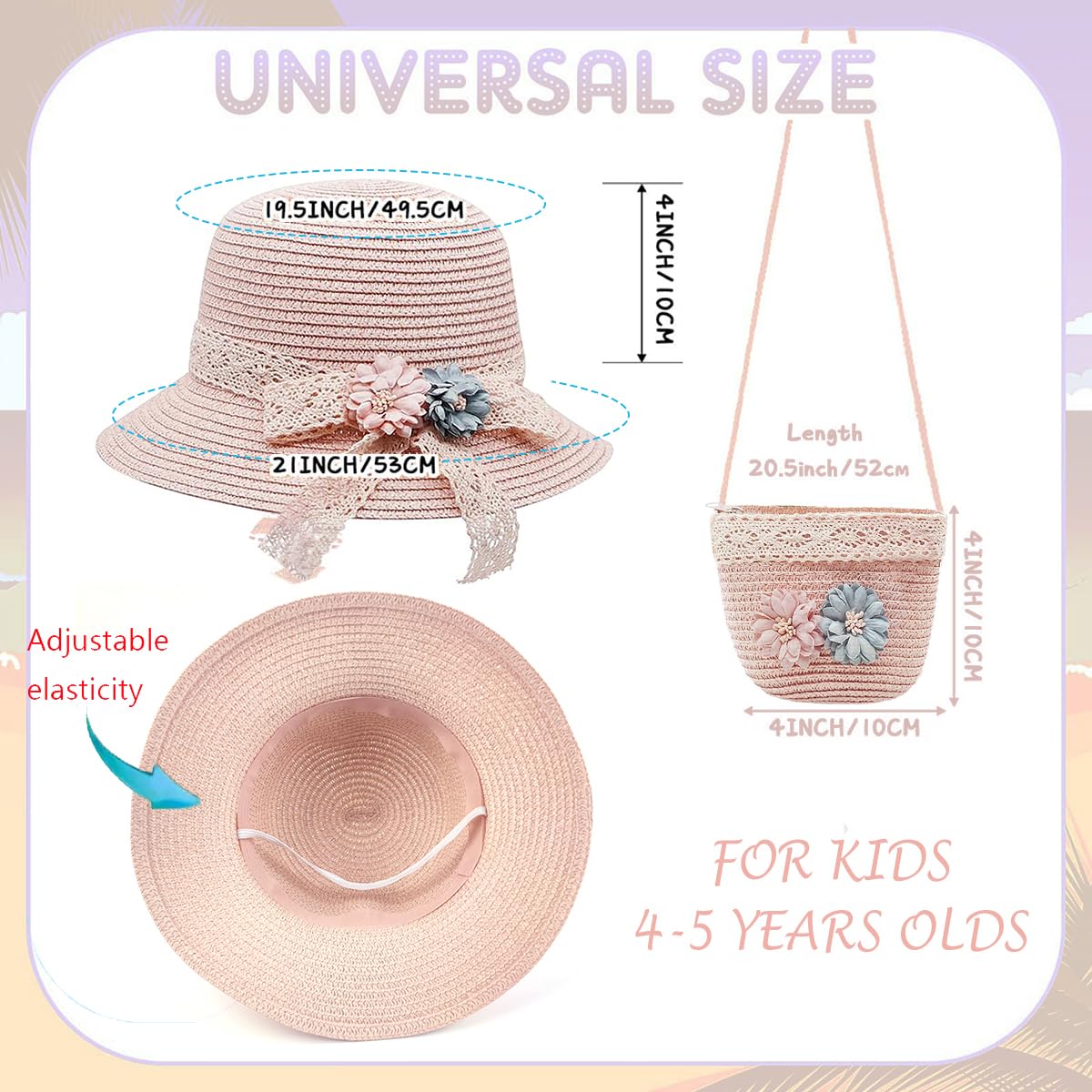 SNOWIE SOFT® Straw Hat for Kids Hat for Girls Summer Sun Hat with Mini Shoulder Bag Combo, Toddler Wide Brim Straw Girls Cap Floral Lace Bowknot Beach Hat for Girls Birthday Gift for 4-5 Years (Pink)