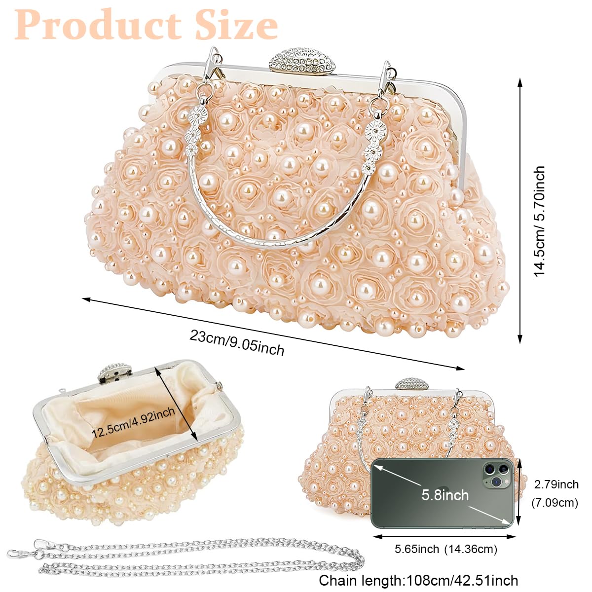 PALAY Evening Bag for Women with Pearl Rose Decoration and Detachable Metal Handle | Apricot Clutch for Party and Prom