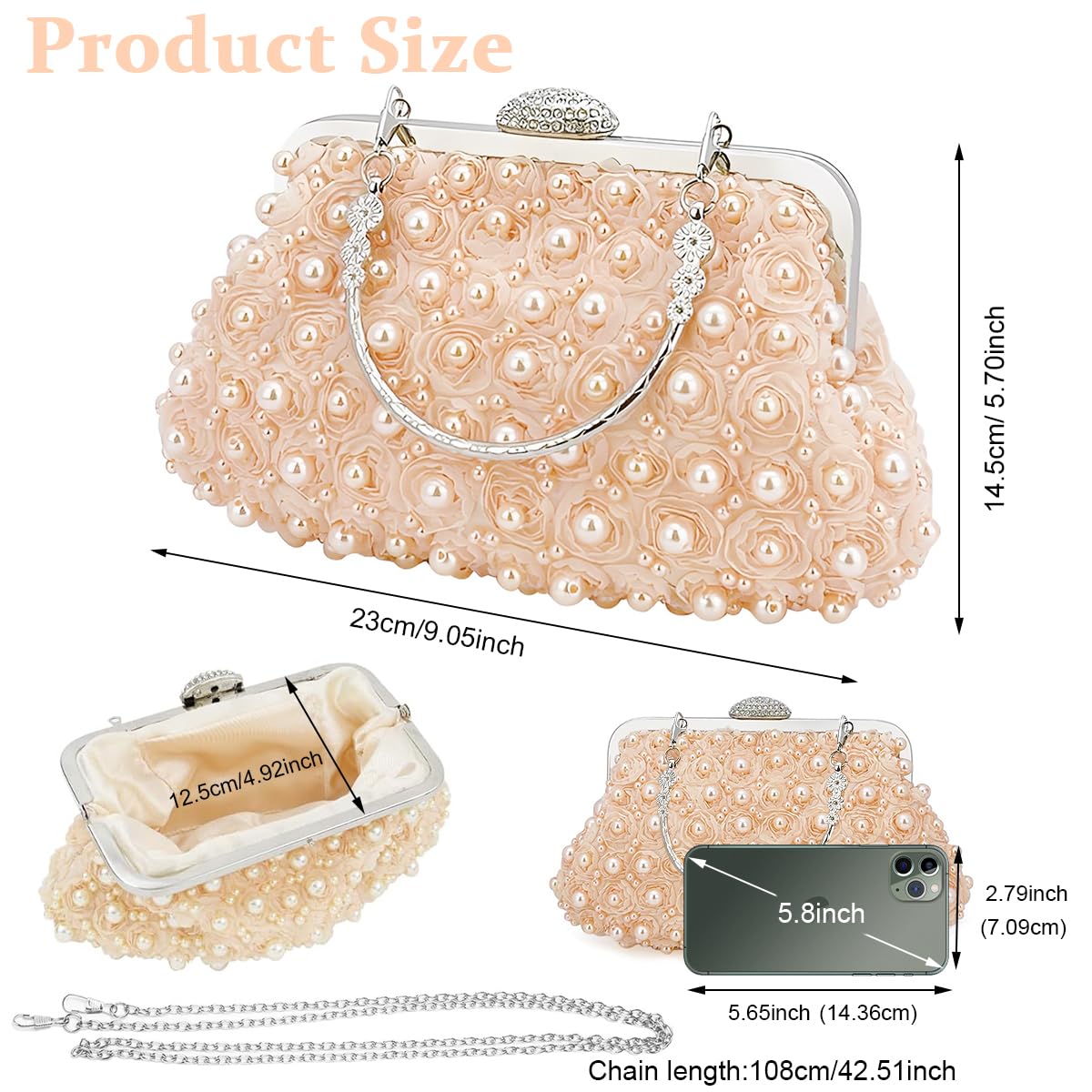 PALAY® Fashion Women Evening Bag Handbag Elegant Pearl Rose Clutch Bag with Detachable Metal Handle Evening Bag Evening Handbag for Banquet, Prom, Party