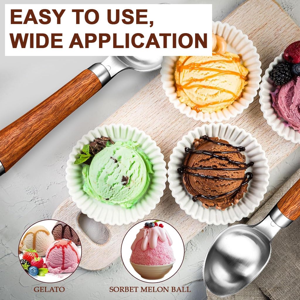 ZIBUYU Ice Cream Scoop for Desserts with Ergonomic Wooden Handle and 304 Stainless Steel | Easy Food Release and Dishwasher Safe