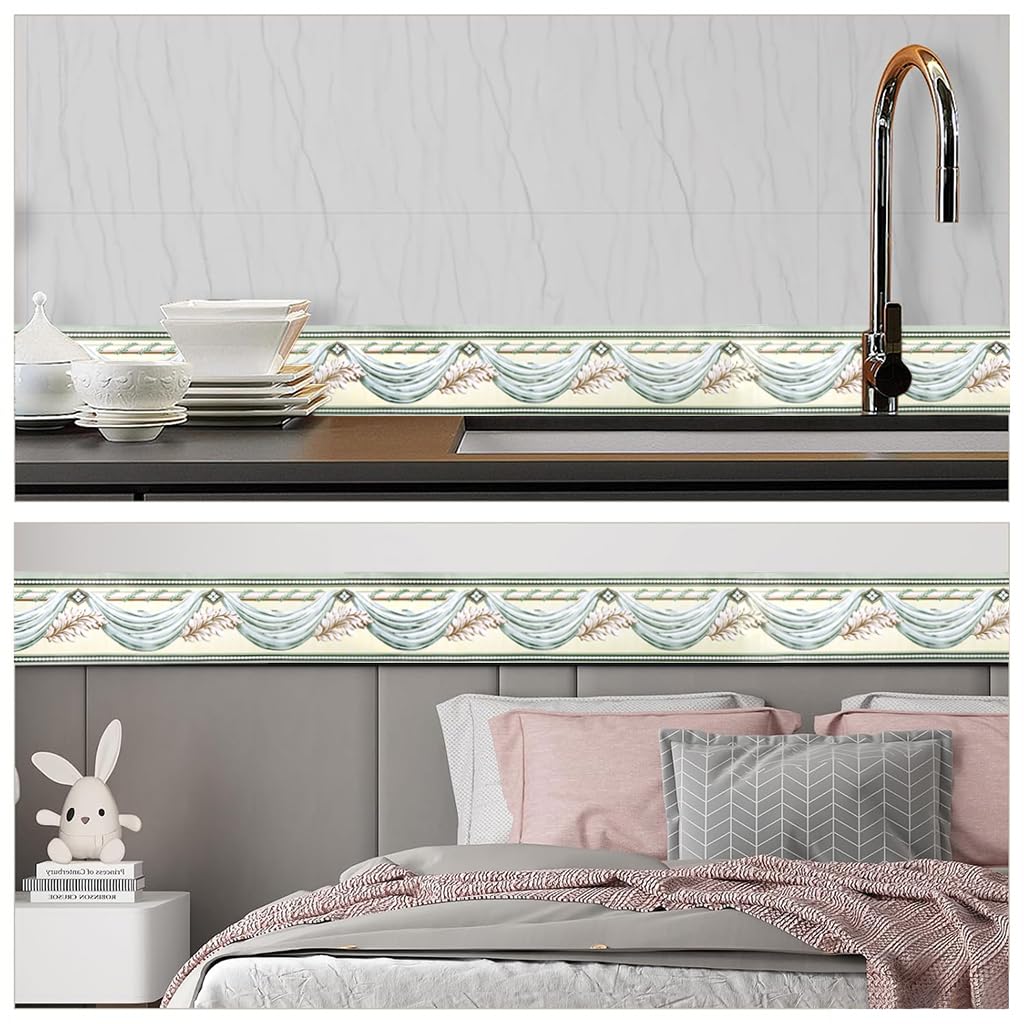 HASTHIP Wall Border Sticker - 3.9''×29.5 Ft Self-Adhesive Floral Trim PVC Frame Sticker, Kitchen Bathroom Waterproof Wallpaper Border Self Adhesive Tiles Sticker for Room Decor, Cupboard (Green)