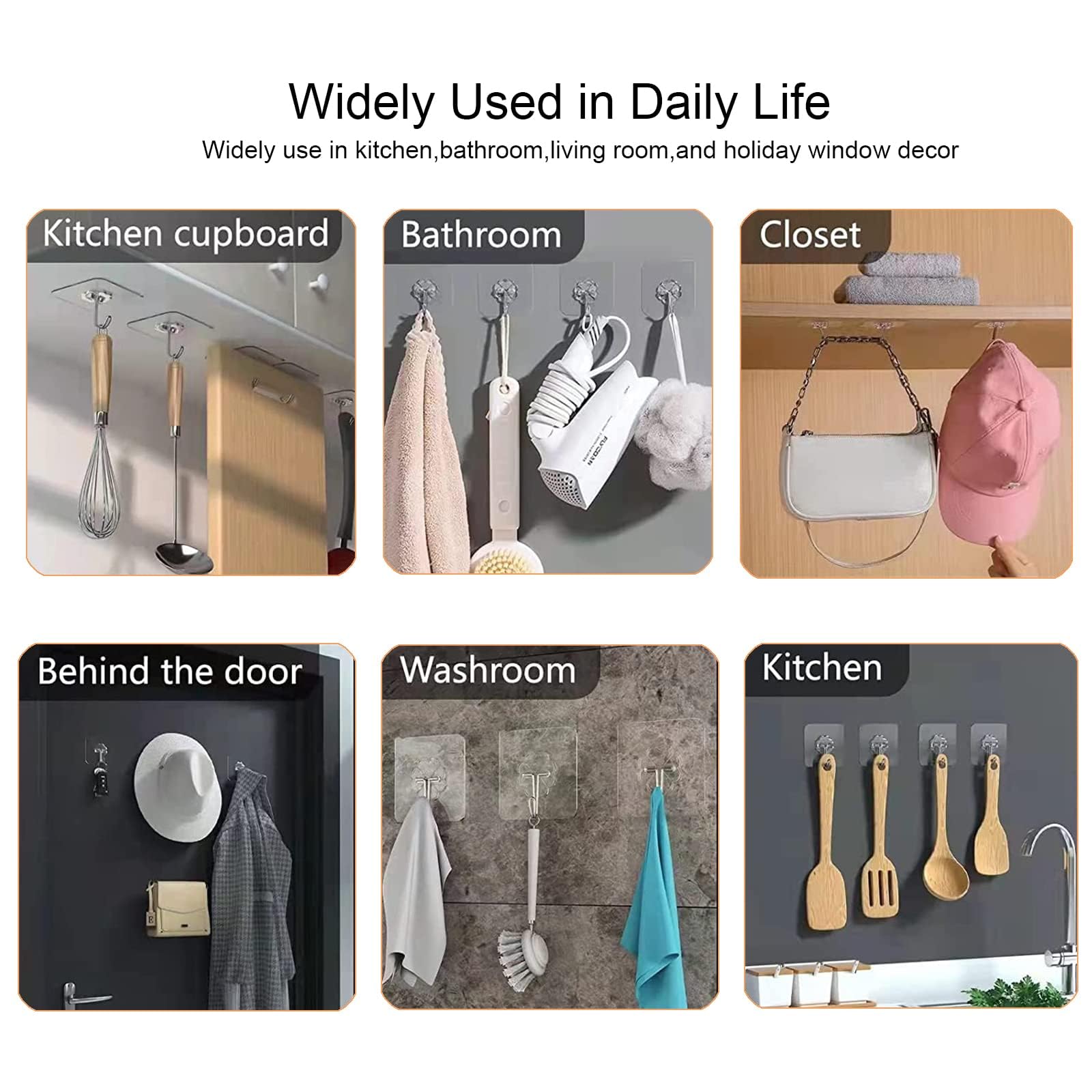 HASTHIP Wall Hooks 30 Pack for Bathroom and Kitchen | Strong Self Adhesive Clear Design