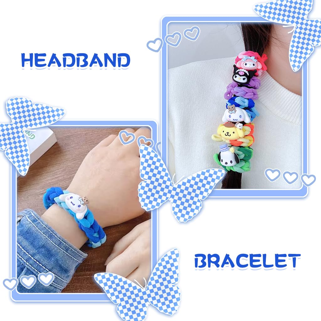 SANNIDHI Girls Hair Ties 15PCS with Two Color Woven Design featuring Kawaii Cartoon Characters | Cute Elastic Bracelets for Gifts