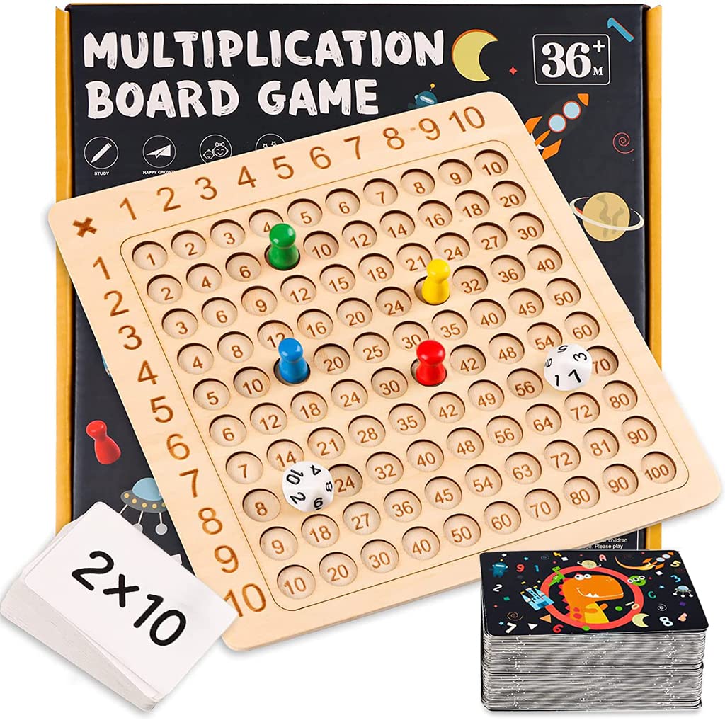 PATPAT Wooden Math Multiplication Board with Dice and Card, Montessori Toy for Kid, Counting Toy Educational Multiplication Board Game for Toddlers Kids Over 3 Years Old to Practice Math Ability