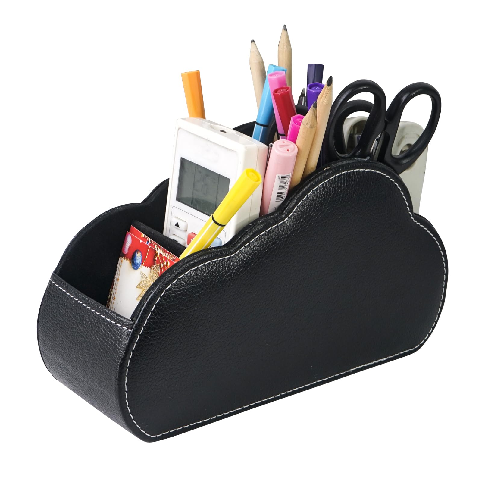 OFIFO® PU Leather Desk Organizer, Remote Control Holder Pen Pencil Cup Box Decorative Tabletop Storage Caddy for Home Office Accessories, 5 Slots-Black