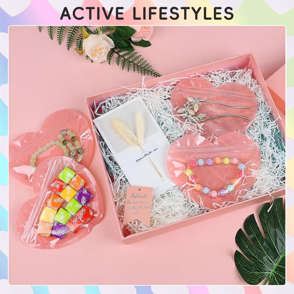 ZIBUYU Ziplock Pouch 200 pcs for Jewelry and DIY Crafts with Reusable Seal 10x10 cm | Pink Heart Design