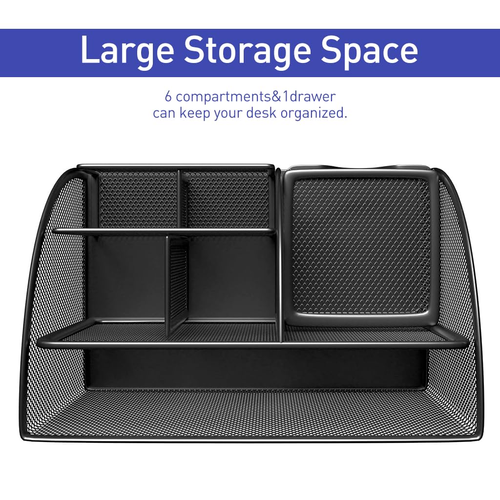 Zibuyu Metal Desk Organizer for Office Supplies with 7 Compartments and Drawer 22x14x13 cm