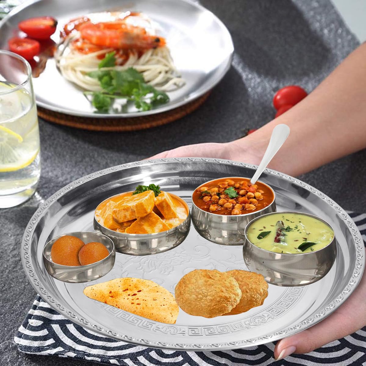 Supvox® 6Pcs Stainless Steel Dinner Plates 11.8 Inches Round Shape Embossed Serving Trays  Food Grade, Durable, Eco-Friendly, Dishwasher Safe  Ideal for Special Occasions and Everyday Use