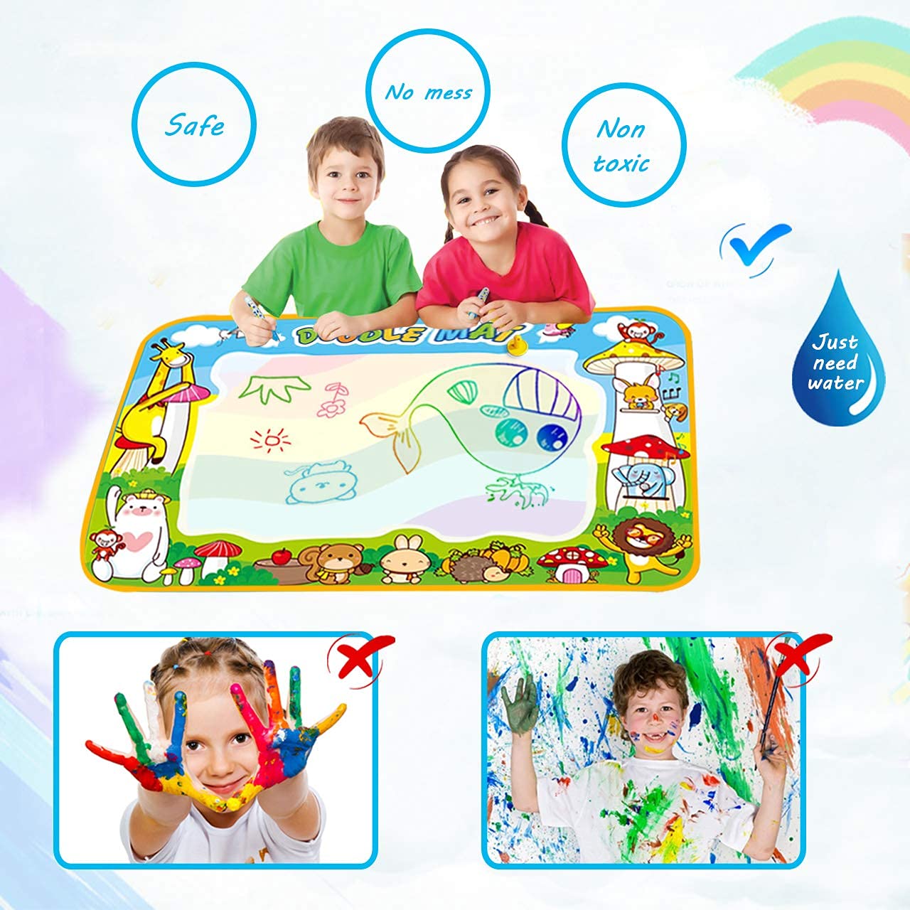 PATPAT® Water Doodle Mat for Kids Aqua Magic Mat Large Water Drawing Mat 100x70cm for Kids Doodle Board for Toddlers Drawing Painting Mat Education Toddler Girl Toys Age 3 Gift