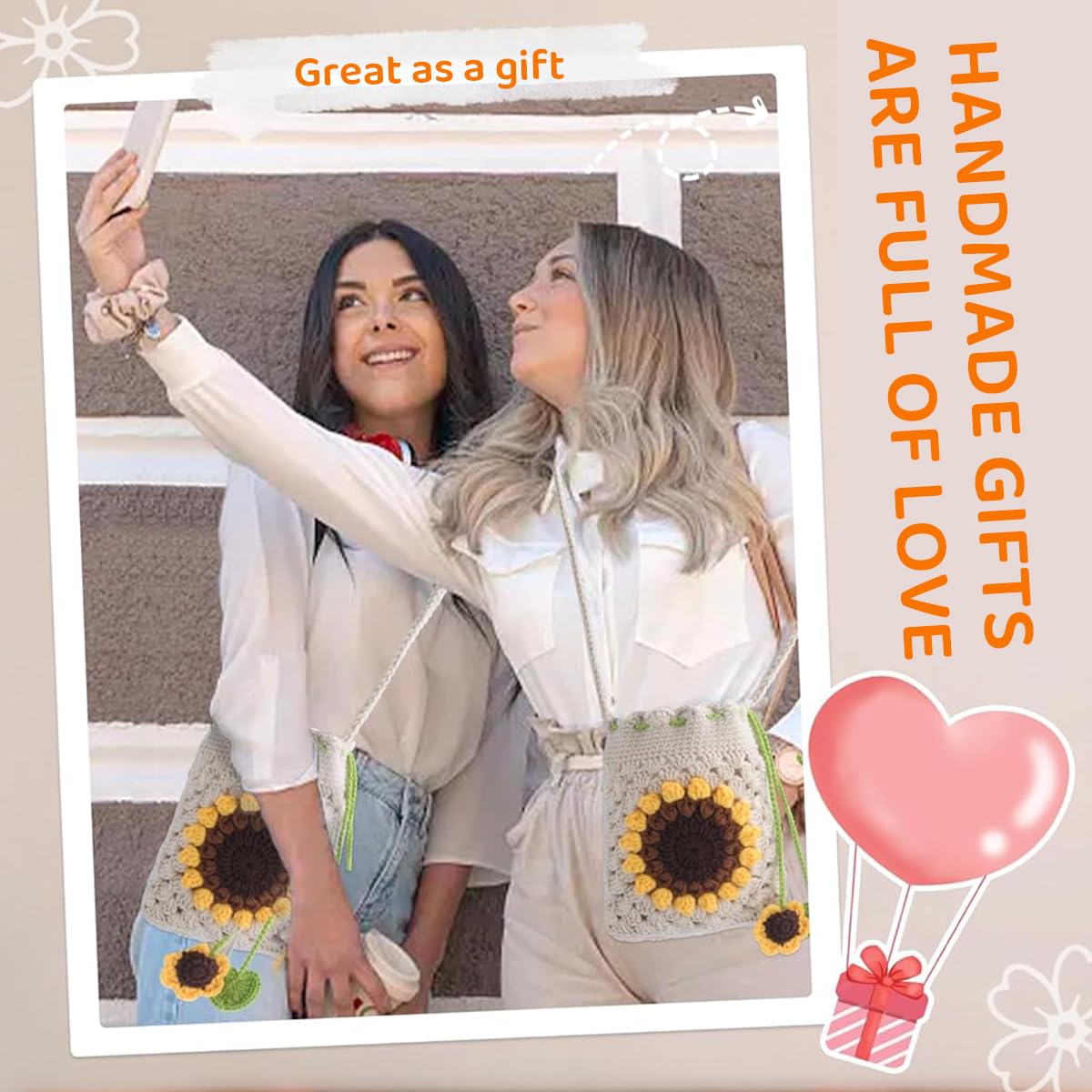 PATPAT Crochet Phone Bag Material Kit for Beginners with Yarn and Tools | Beige Sunflower DIY Gift