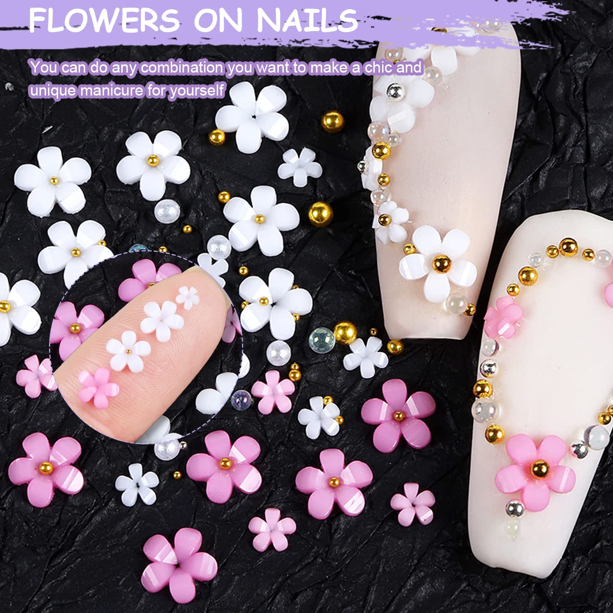 HASTHIP Resin 3D Flower Nail Art Decals Kit with Golden Beads for DIY Nails | 6 Colors