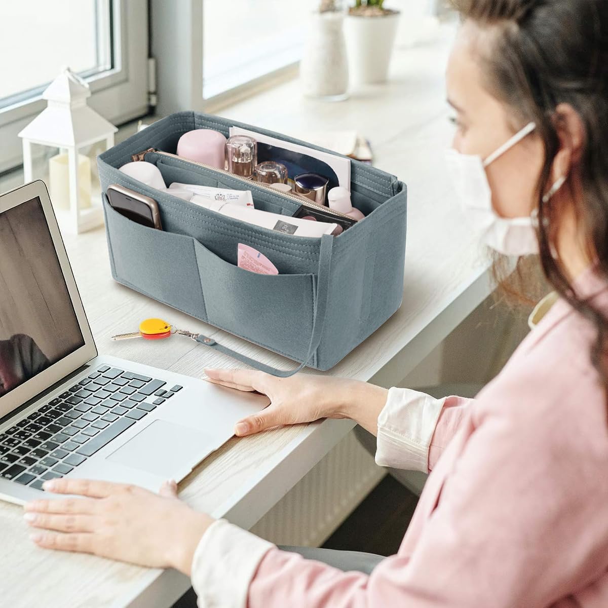 MAYCREATE Women Felt Purse Organizer Insert for Handbag featuring Multi Pocket Design and Detachable Zipper Pouch 26×14×15cm Grey