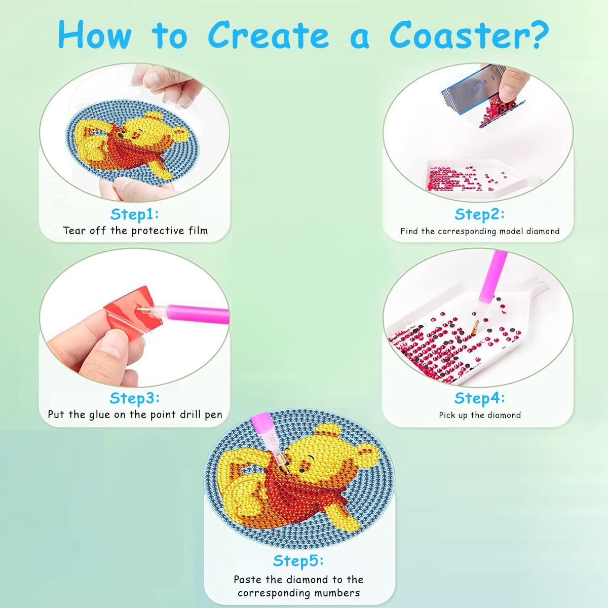PATPAT Diamond Painting Coaster Set for DIY Tea Crafts with Tools 5 Pcs Acrylic 10cm | Winnie the Pooh Design