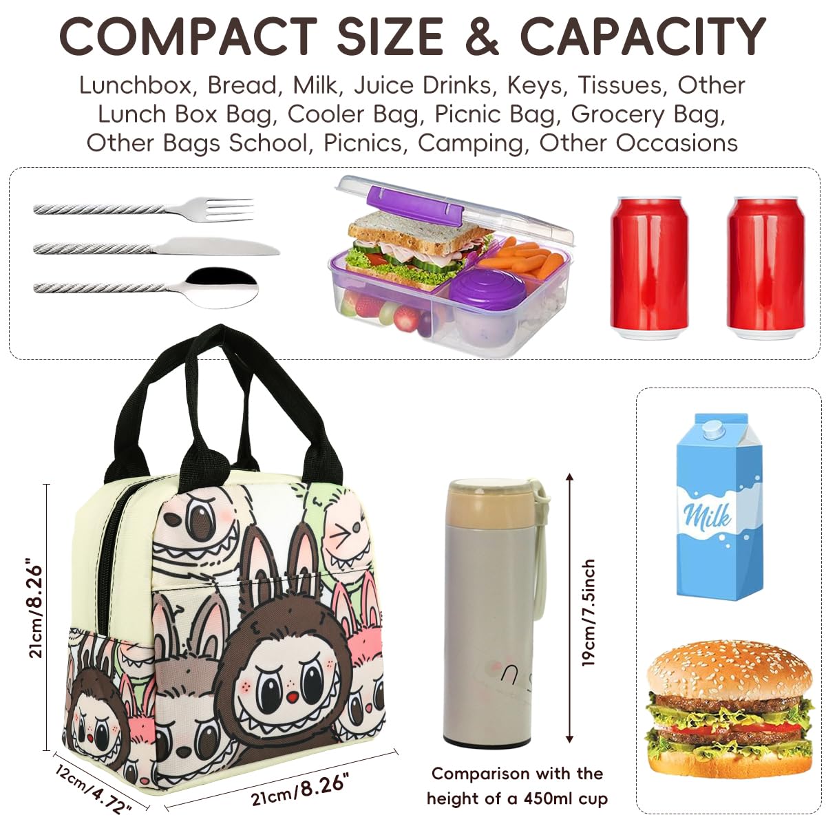 HASTHIP Insulated Lunch Bag for School and Office with Leak Proof Zipper and 23x13x20 cm Storage | Cartoon Design for Kids and Adults