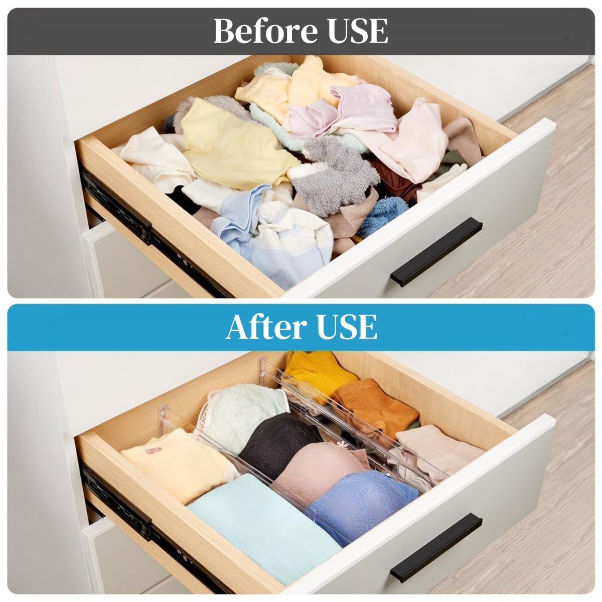 HASTHIP Drawer Dividers for Kitchen and Office Organization featuring Adhesive Backing and 11–20 in Adjustable Design | Clear 3.2 in High Divider Strips