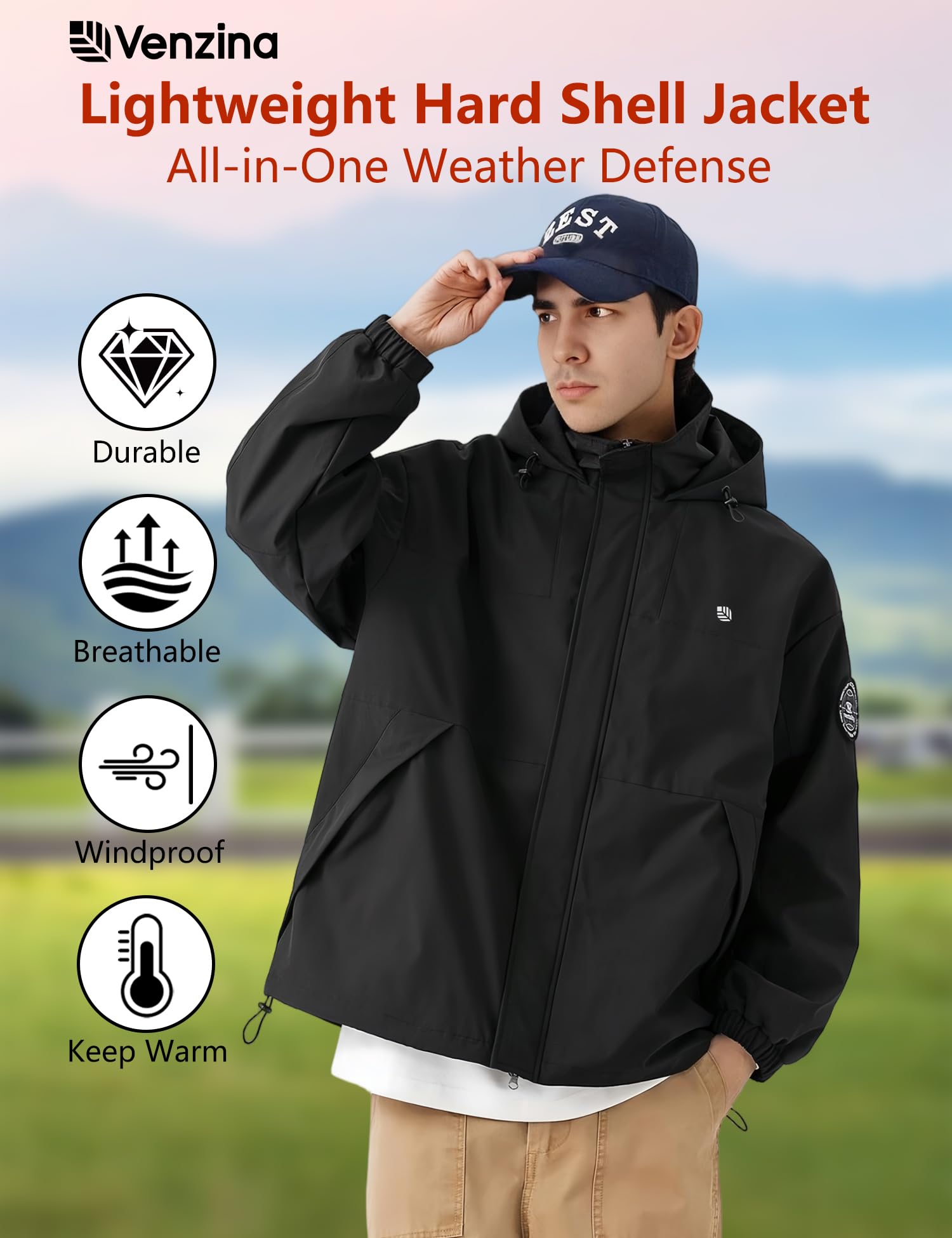 Venzina Men's Modular Tech Wear Jacket for Urban Outdoor Style with Waterproof Shell | Black Hooded Abrasion Resistant Design