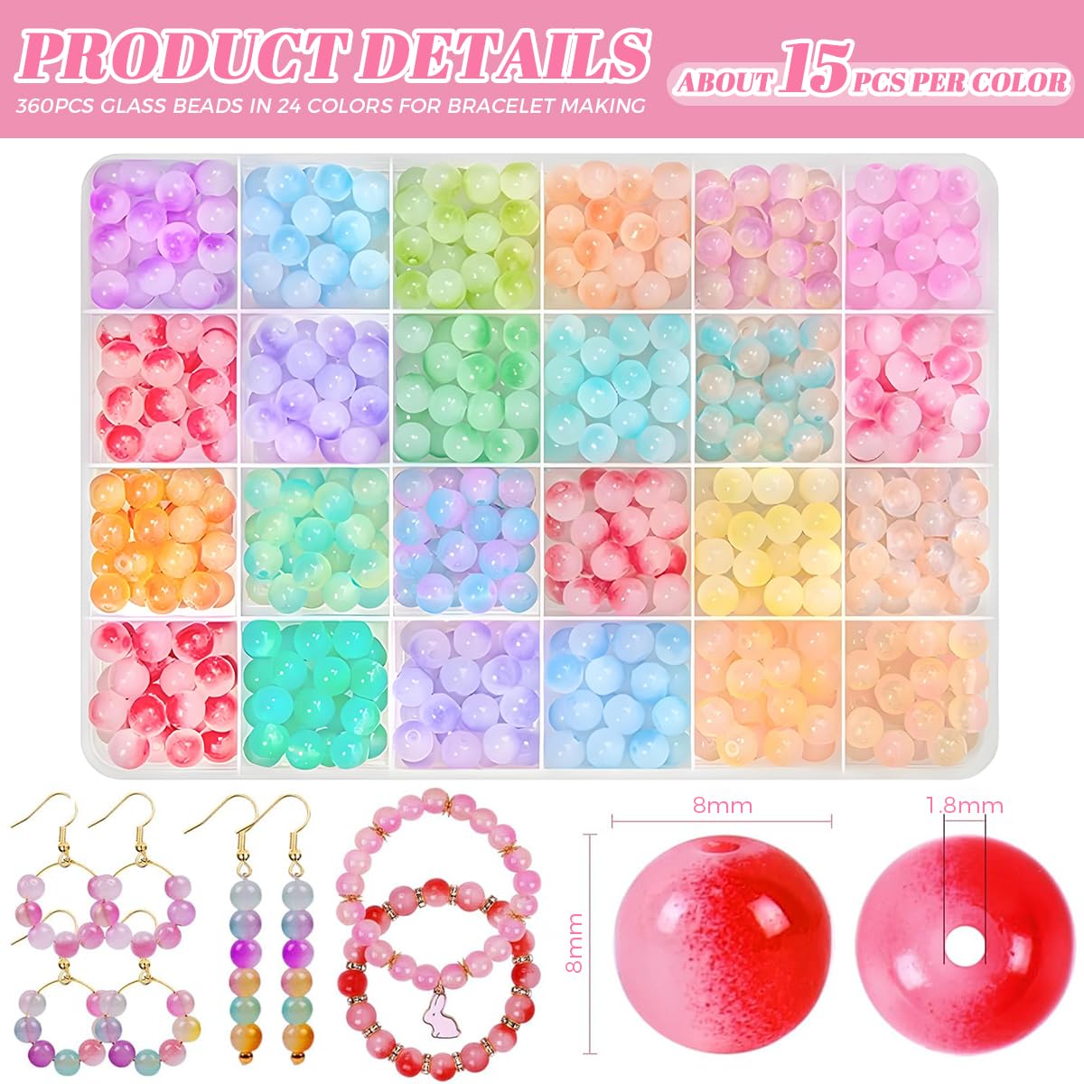 SANNIDHI DIY Beading Bracelet Making Kit with 24 Colors 8mm Glass Beads and Spacer Beads | Jewelry Craft Set for Bracelets Necklaces and Phone Chains