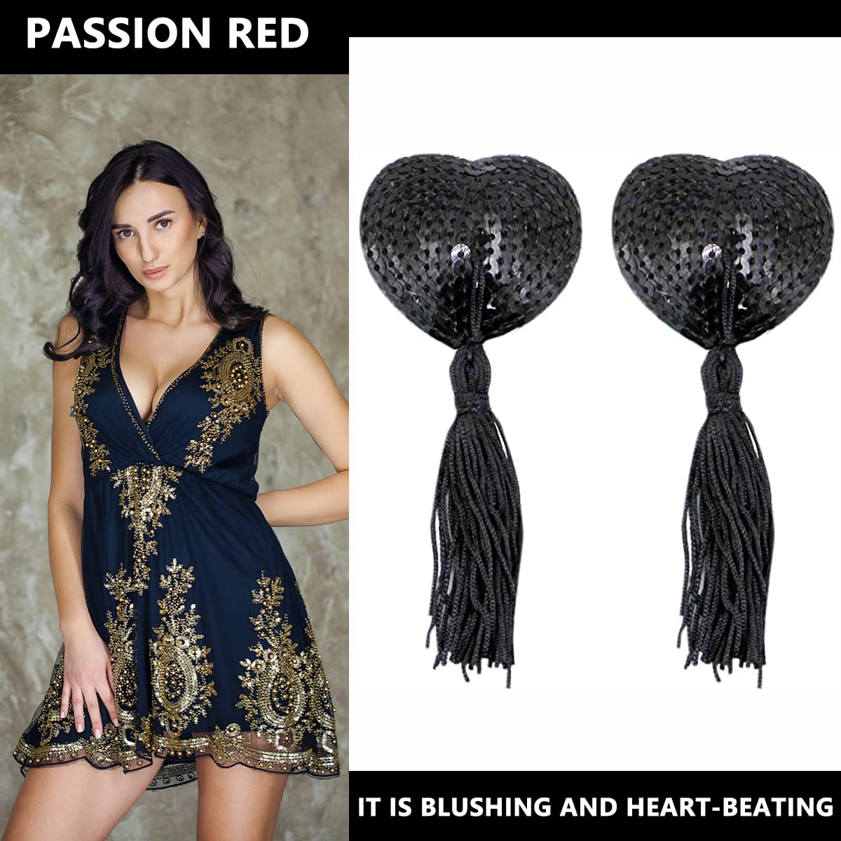 PALAY Nipple Cover for Party and Dance with 9 cm Tassel | Silicone Heart Black Pasties