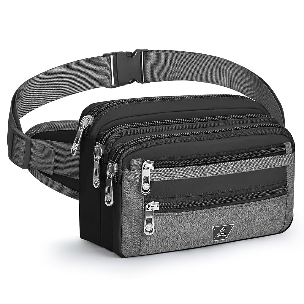 GUSTAVE® Men's Waist Bag Chest Bag Crossbody Chest Bag with 6 Zipper Pouches Large Men's Waist Bag Adjustable Waist Belt Waterproof Nylon Lightweight Phone Waist Bag, 24x3x15cm