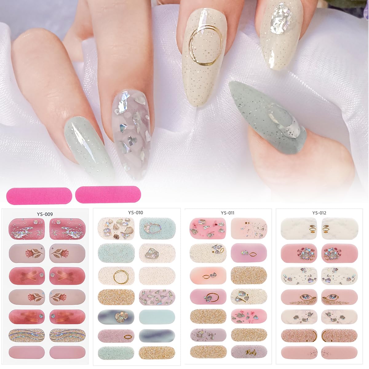 MAYCREATE® Nail Stickers Set with 4 Designs Fake Nail Decal Sticker Full Cover Nail Art Sticker Self Adhesive Embossing Nail Art Sticker for Various Nail Shape DIY Art Decal (56pcs)