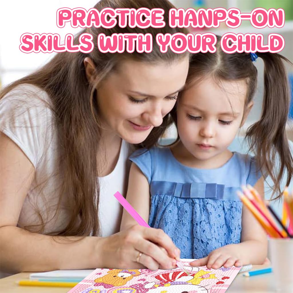 Fancyku DIY Diamond Painting Kit for Kids 7 Inches Cat Bear with Wooden Frame | 2 PCS Craft Gift