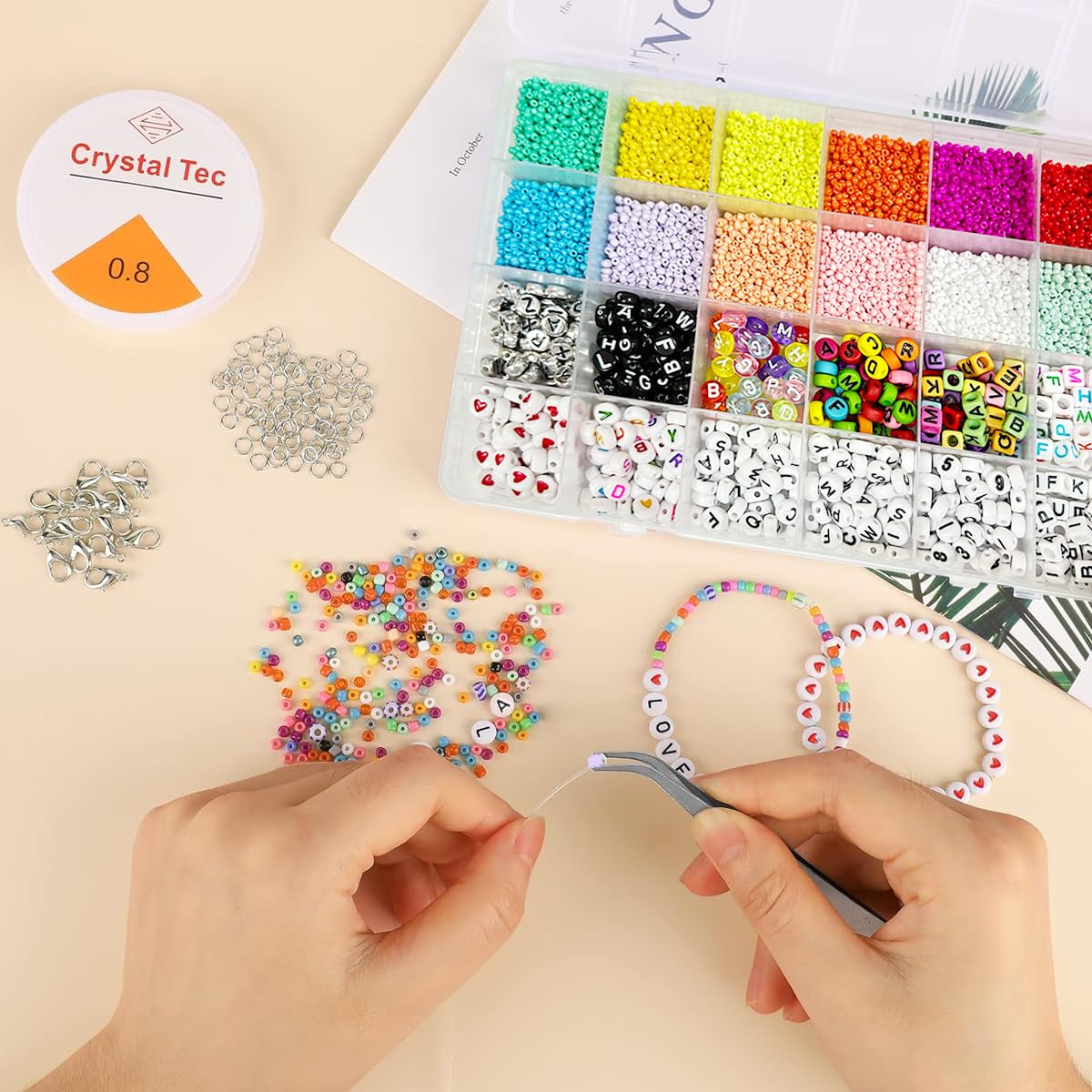 SANNIDHI Seed Beads Kit for Jewellery Making with 8000pcs 3mm Beads and Letter Styles | DIY Crafts for Kids and Adults
