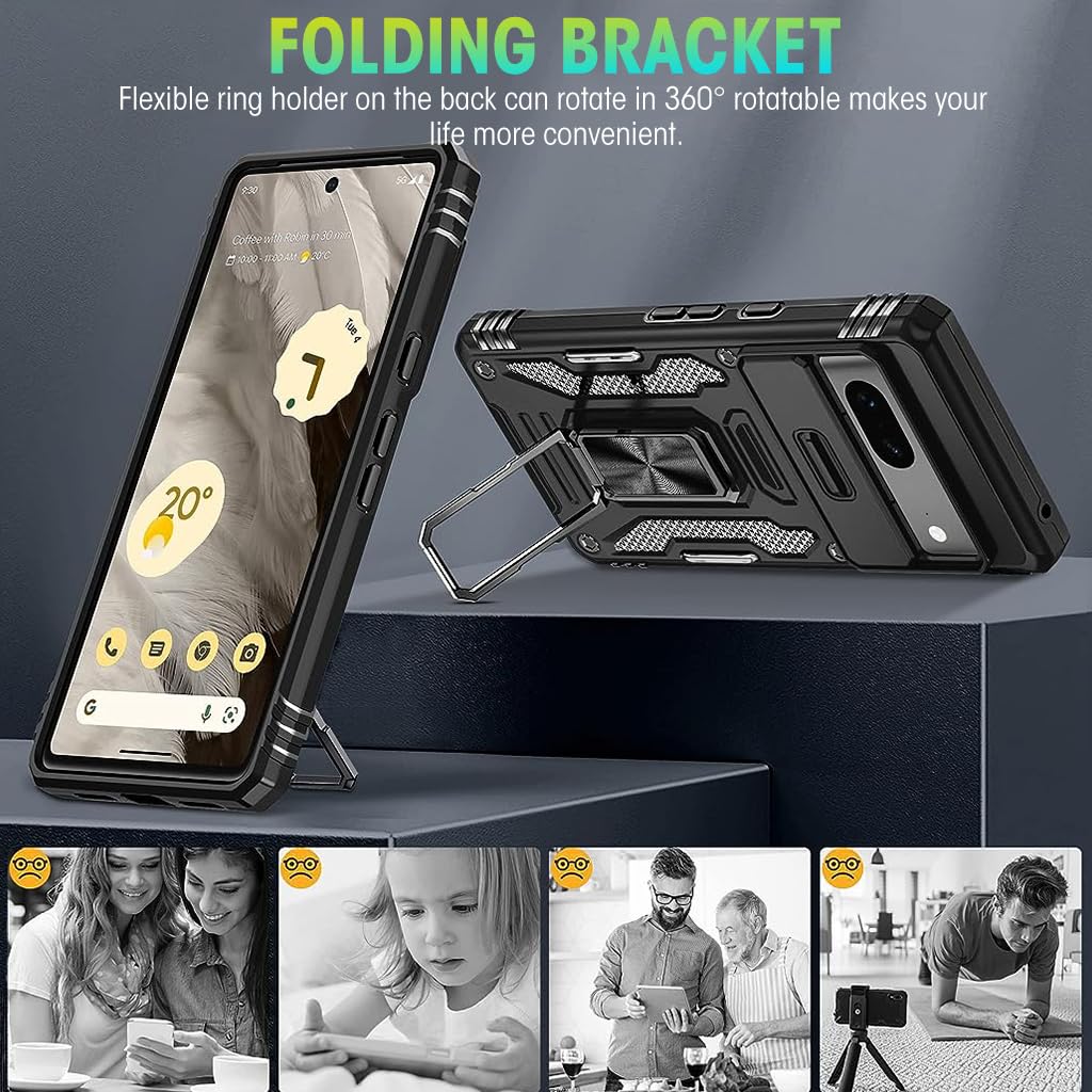 ZORBES Phone Case for Google Pixel 7 with 360° Ring Stand and Sliding Camera Cover Black