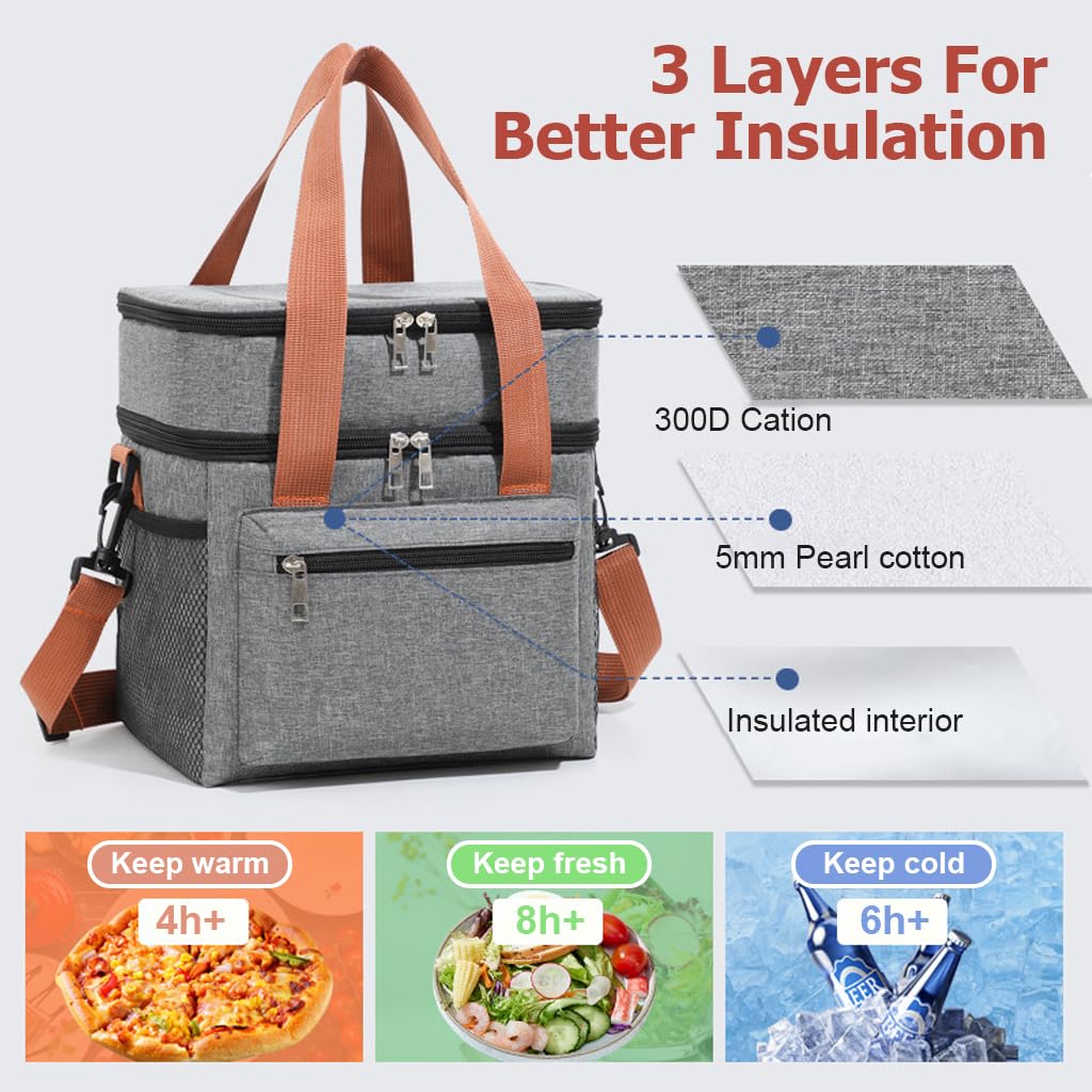 HASTHIP Expandable Insulated Lunch Bag for Office and School with Double Deck 10kg Capacity | Leakproof Grey Cooler for Travel and Picnic