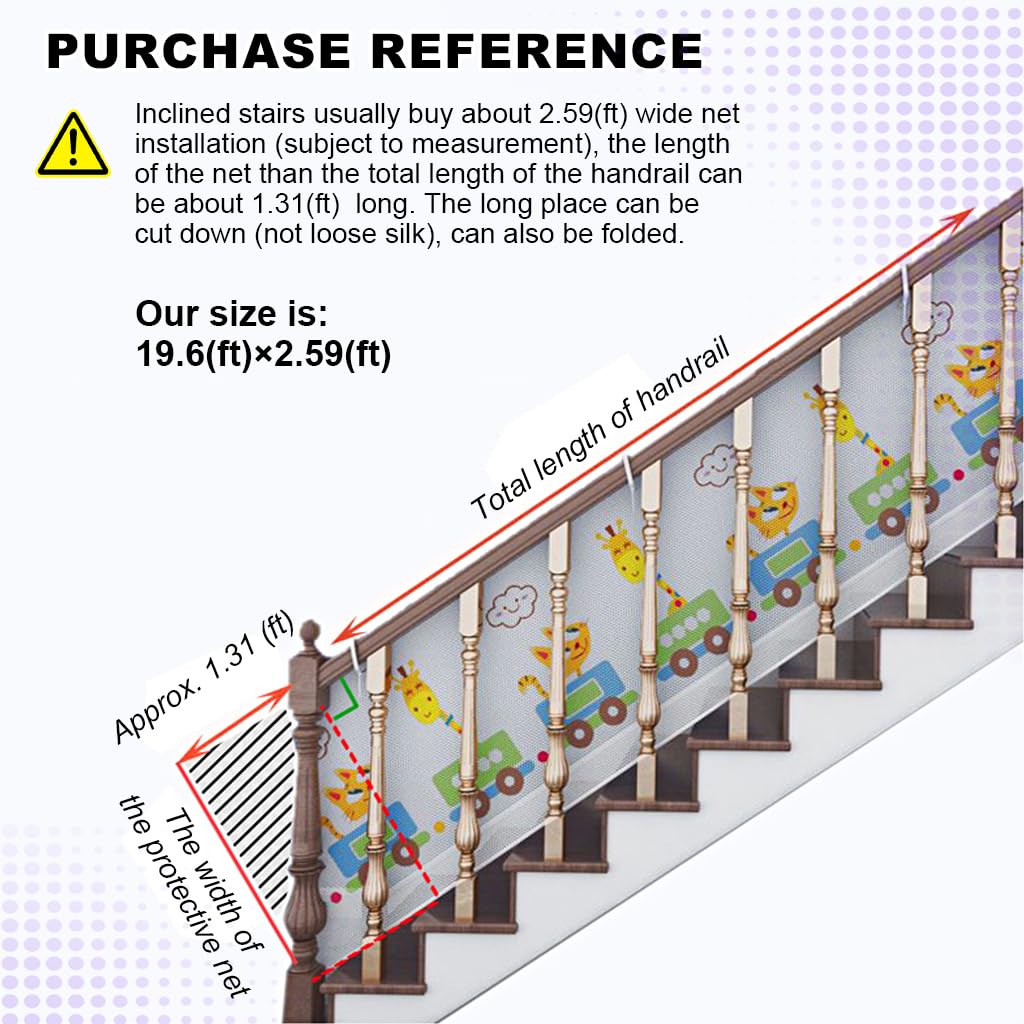 SNOWIE SOFT® Baby Safety Net Guards Stairway Rail Net Thicken Polyester 19.6 ft Long 27.1 Inches High Stairway Baby Guards with 75 Nylon Zip Ties Ropes Safety Net for Stairway, Patios, Balcony