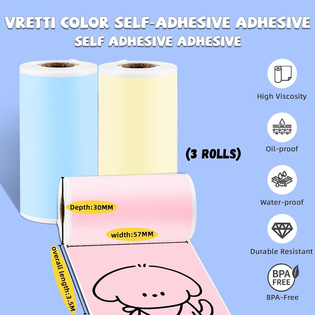 Zeitel® Colorful Adhesive Thermal Sticker Paper,Mini Pocket Printer Sticker Paper for Bluetooth Thermal Pocket Printer,Black Character on Pink/Blue/Yellow, 57 * 25mm,3 Roll 2 PCS