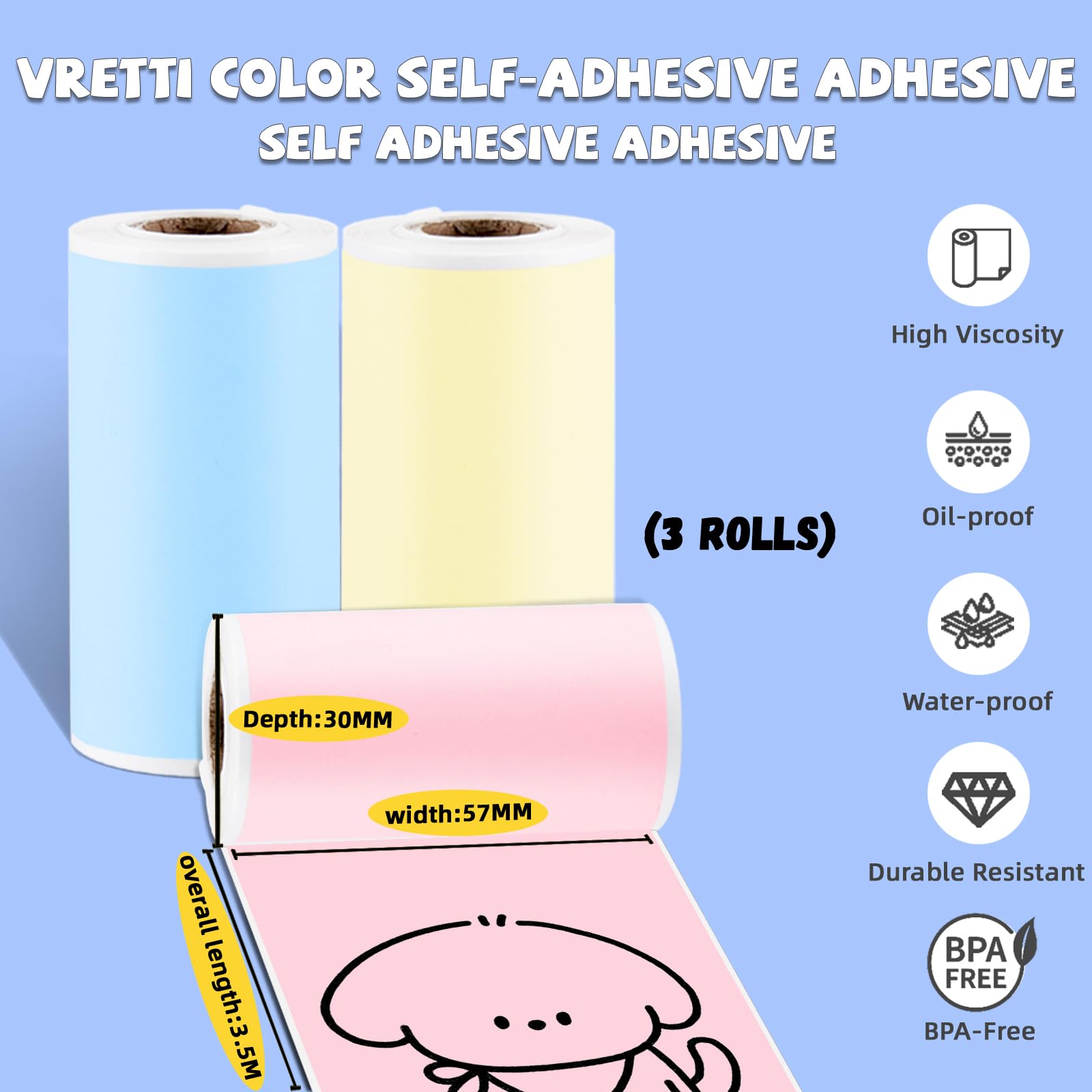 Vretti Thermal Sticker Paper for Pocket Printers with Adhesive 57x25mm 3 Rolls | Pink Blue Yellow