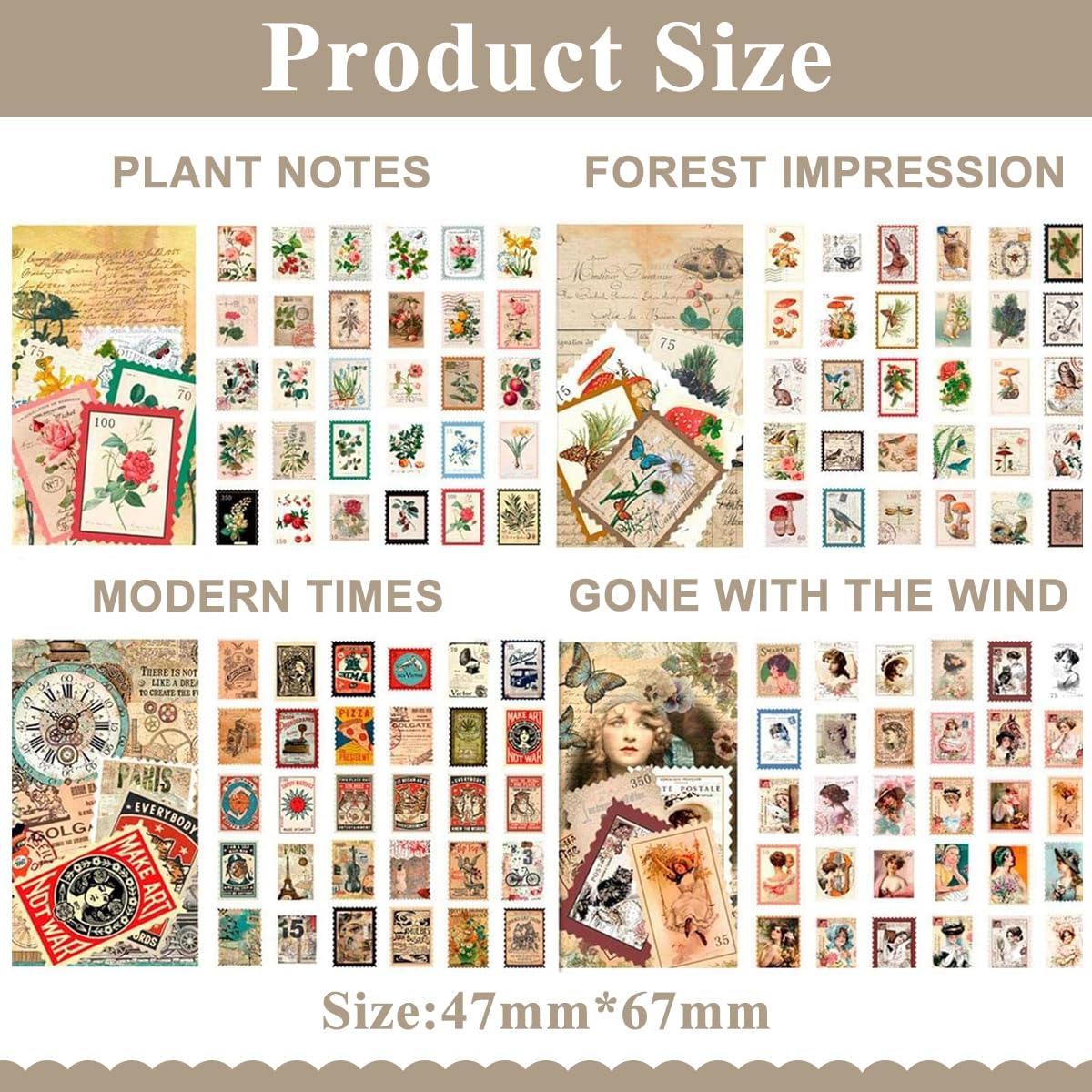 HASTHIP® 240Pcs Vintage Postage Stamp Stickers, 120 Designs Aesthetic Botanical Deco Paper Sticker for Scrapbooking, Journaling Supplies, Planners, Kid DIY Art Crafts, Bullet Journal