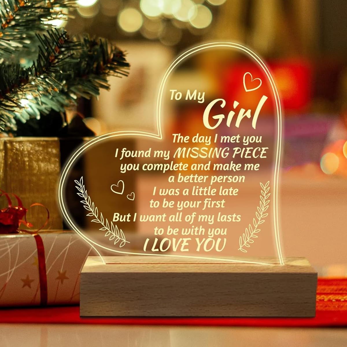 HASTHIP Romantic Gifts for Girlfriend with Engraved Acrylic Night Light and Wooden Base | USB Warm Light for Anniversary or Valentines Day