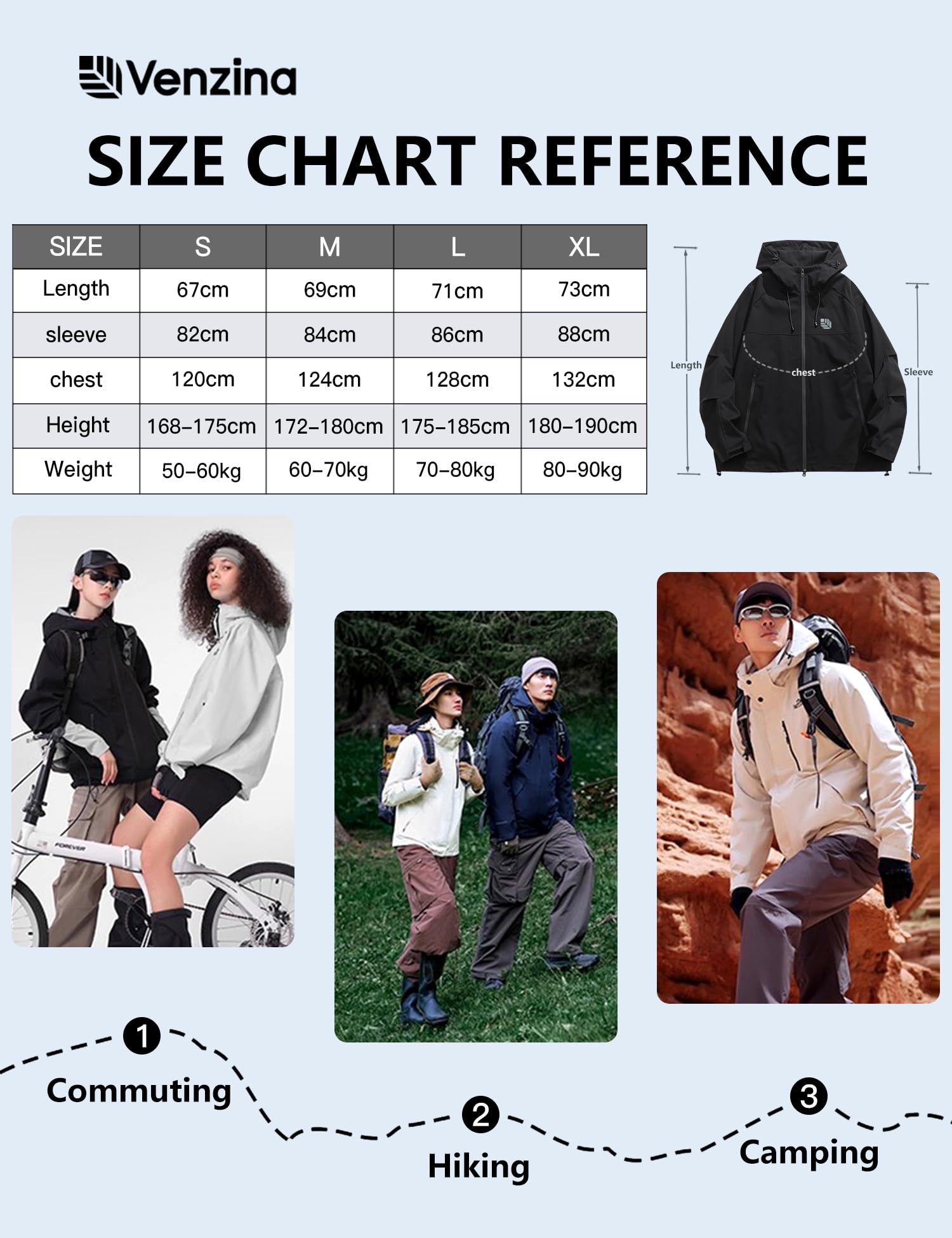 Venzina Men's Waterproof Jacket for Hiking and Cycling with 75D Fabric and 360° Windproof System | Black Lightweight Hooded Outerwear