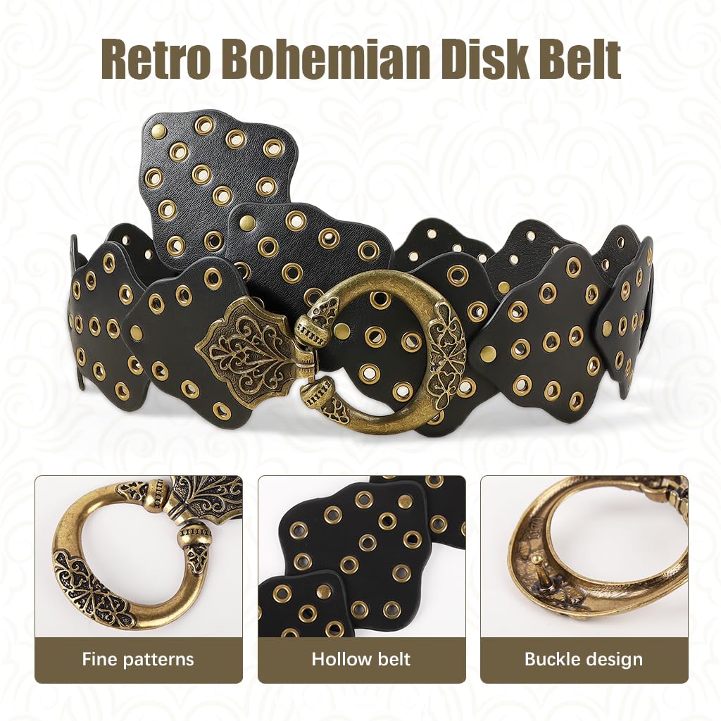 SANNIDHI Belt for Women featuring Antique Embossed Buckle and Studded PU Leather | Vintage Punk Style for Jeans Dresses Skirts